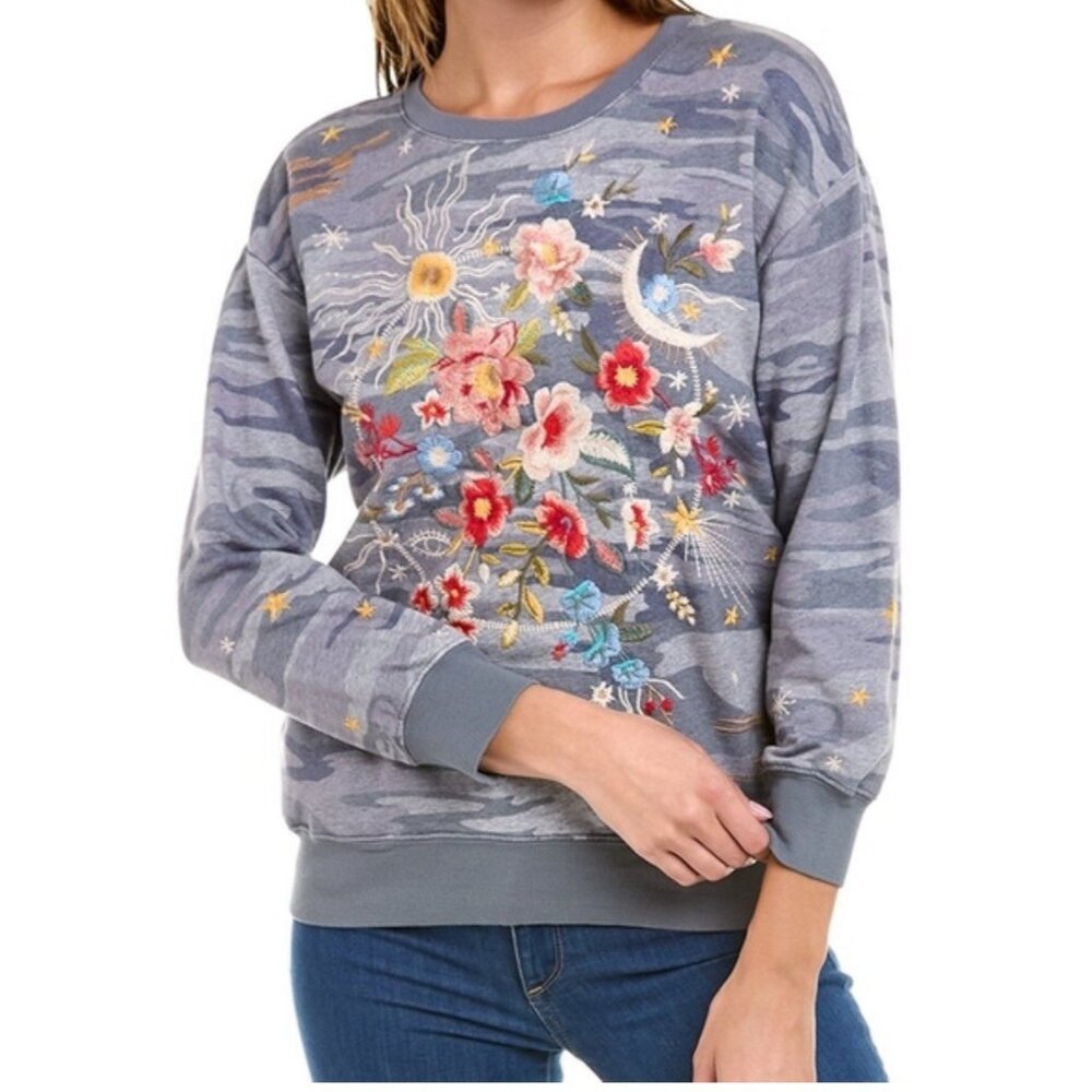 Gray Floral Embroidered Crewneck Sweatshirt